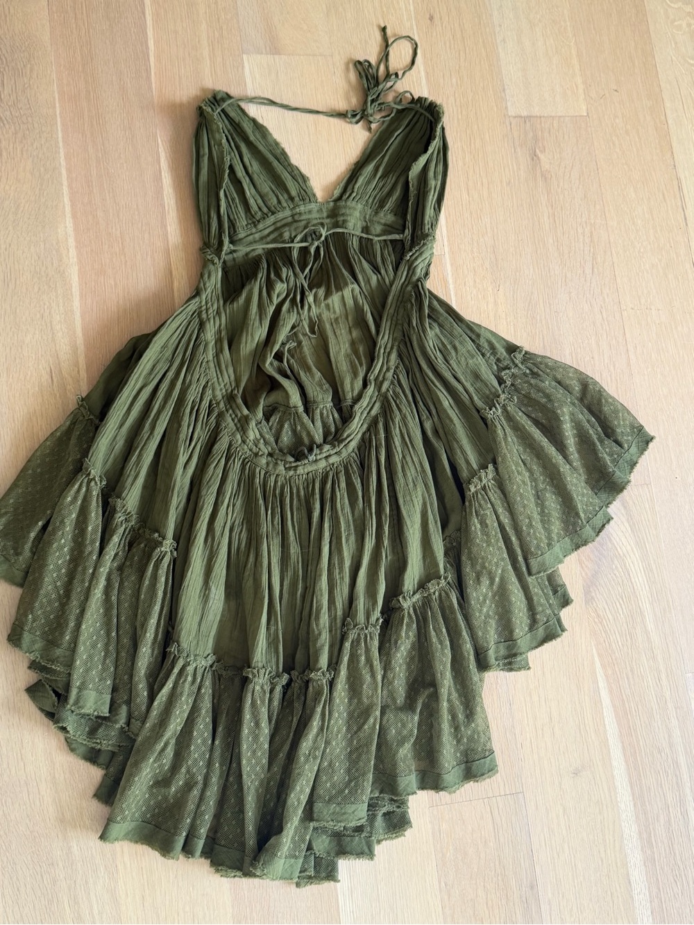 Free People Size Large Olive Green Halter Mini Dress Boho Hippie Cotton V Neck - Picture 10 of 16